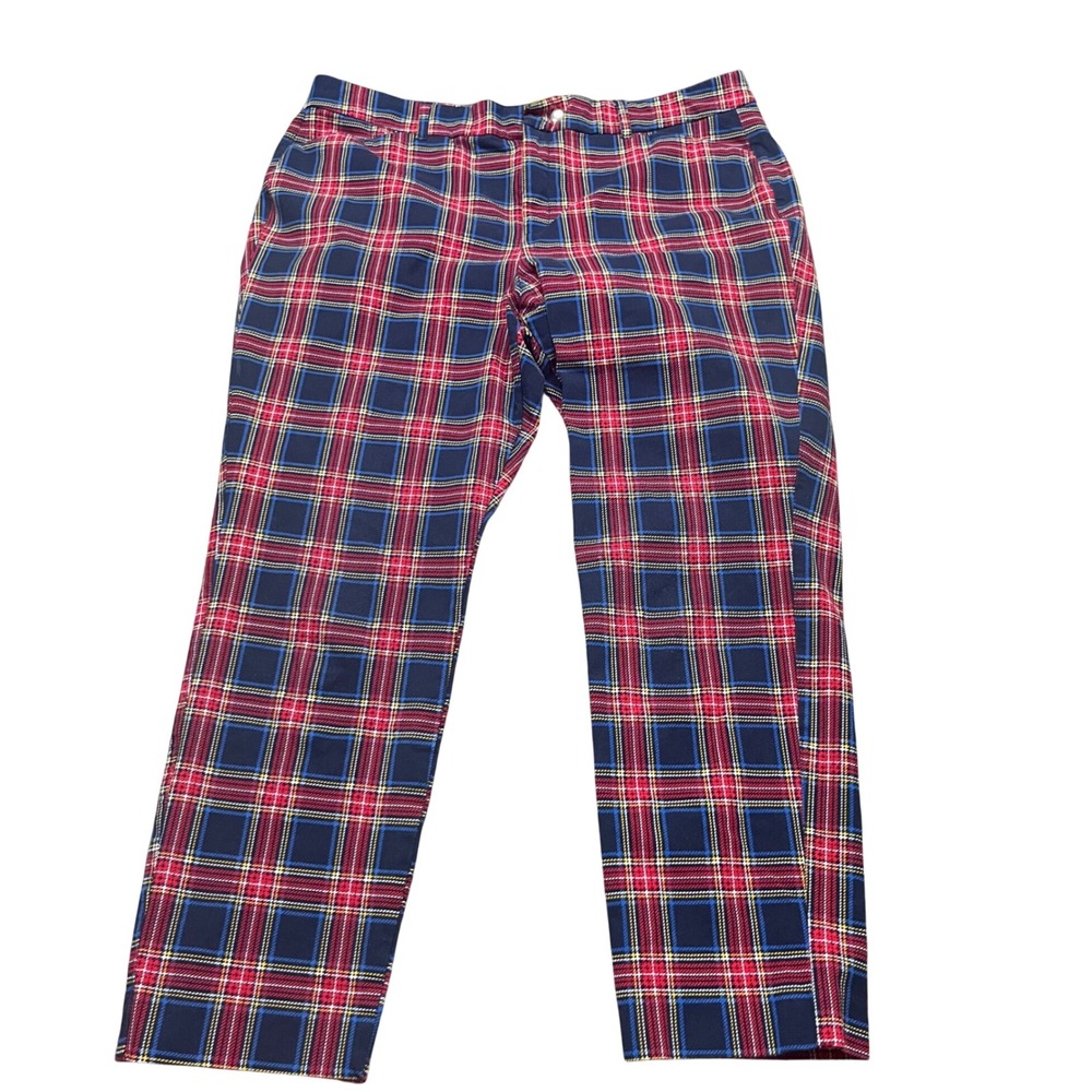 Old Navy Pixie High Rise Plaid Pants Womens 16 Red Navy Blue Ankle Slim Stretch